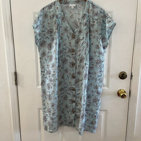 J.Jill Love Linen Woman's Blue Dizi Floral Pin-Tuck Dress Sz Lr - Picture 3 of 9